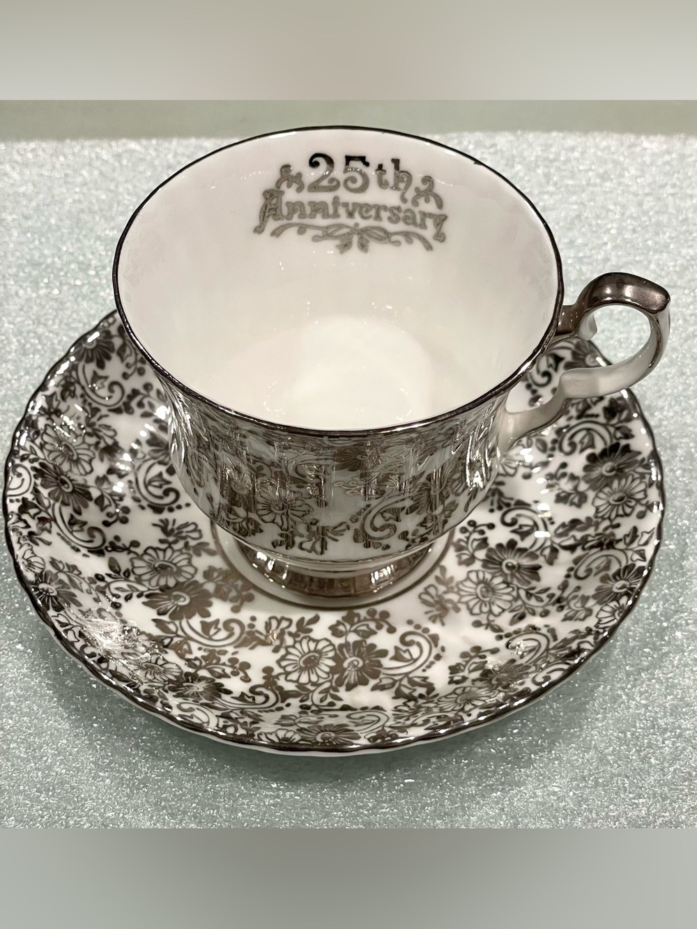 Royal Windsor Silver 25th Anniversary Teacup & Saucer | B&W Floral | Silver Trim